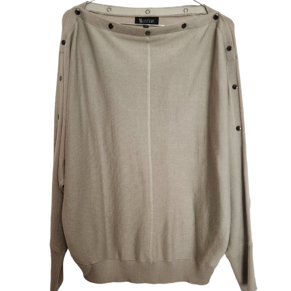 Anthropologie Tan Pullover Dolman Sleeve Snap Trim Sweater SZ Medium